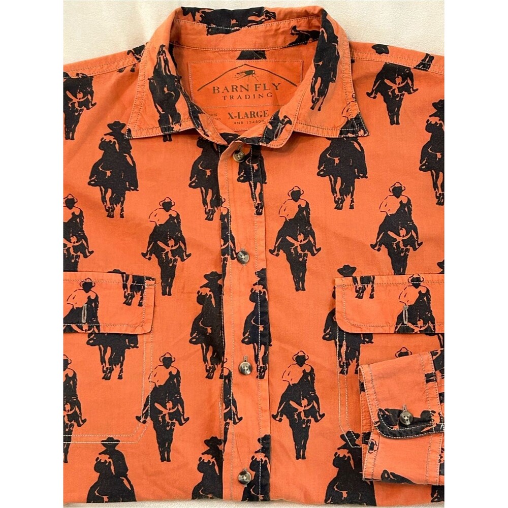 Barn Fly Trading Men's XL Western Cowboy Print Cotton Button Down Shirt Orange